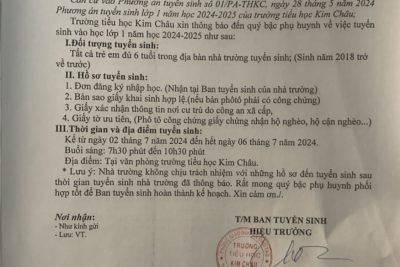 THÔNG BÁO TUYỂN SINH LỚP 1 NĂM HỌC 2024 -2025